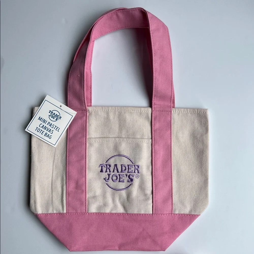 Trader Joe's Pink & Cream Mini Canvas Tote with Mochi Minster Keychain Bundle - Picture 2 of 6